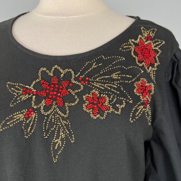 Chicos Womens Embellished Flower Puff Sleeve Top Beaded Black Cotton size Large - Picture 4 of 13